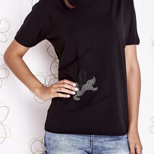 Wholesale Black t-shirt with diagonal pocket and rhinestones