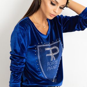 Wholesale Women's velvet sweatshirt with beads and rhinestones blue