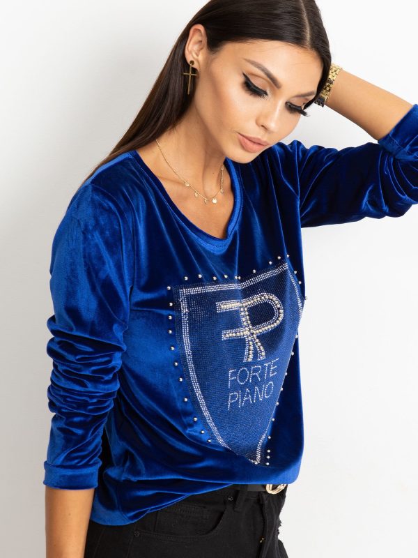 Wholesale Women's velvet sweatshirt with beads and rhinestones blue