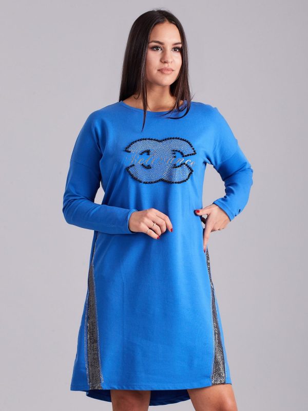 Wholesale Blue sweatshirt dress with rhinestones