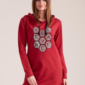 Wholesale Burgundy sweatshirt tunic with hood and applique