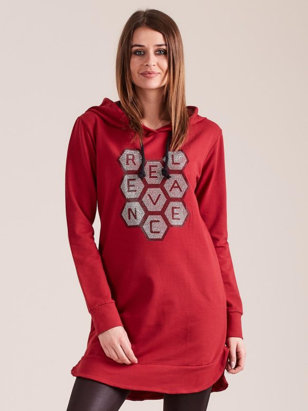 Wholesale Burgundy sweatshirt tunic with hood and applique