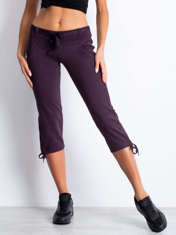 Wholesale Dark purple capri sweatpants with fabric belt