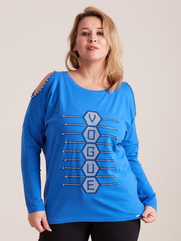 Wholesale Blue cold shoulder blouse with plus size applique