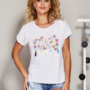 Wholesale Gray T-shirt with beaded applique