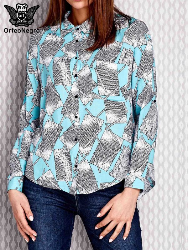 Wholesale Turquoise patterned shirt with roll-up sleeves