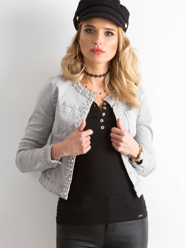 Wholesale Gray short denim jacket with applique