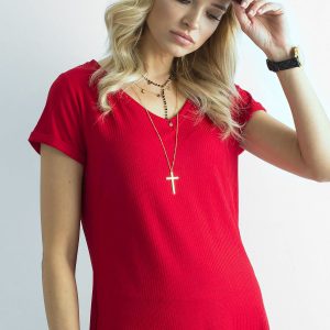 Wholesale Red Ribbed V-Neck Blouse