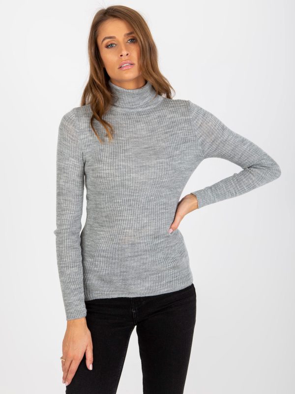 Wholesale Grauer, glatt gestreifter Rollkragenpullover aus Melange