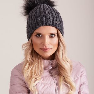 Wholesale Dark gray hat with pompom with braids