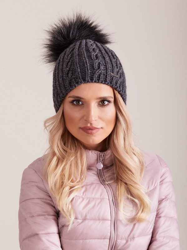 Wholesale Dark gray hat with pompom with braids