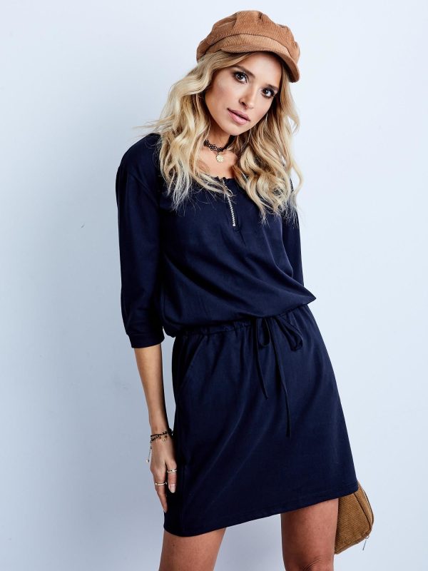 Wholesale Navy blue cotton dress with pockets