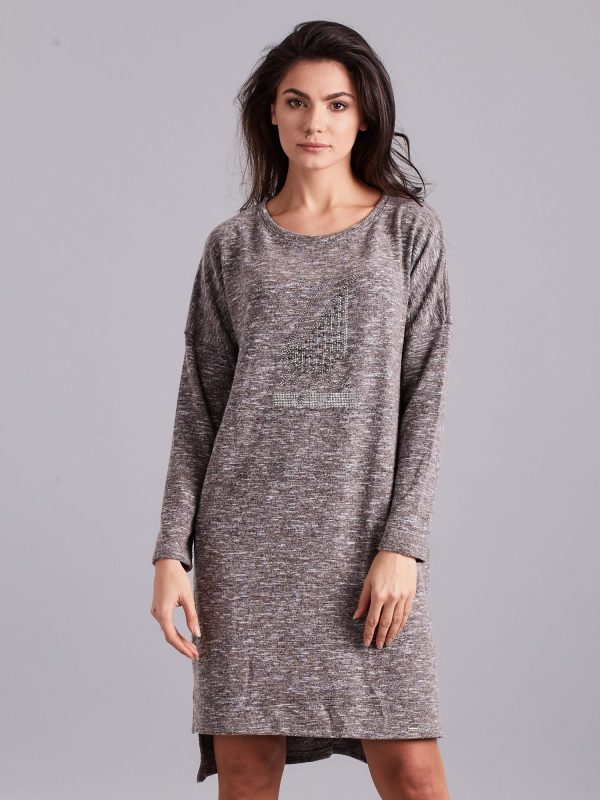 Wholesale Gray-beige asymmetrical dress with appliqué