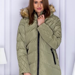 Wholesale Khaki padded jacket with fur hood