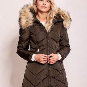 Wholesale Khaki quilted winter jacket with fur