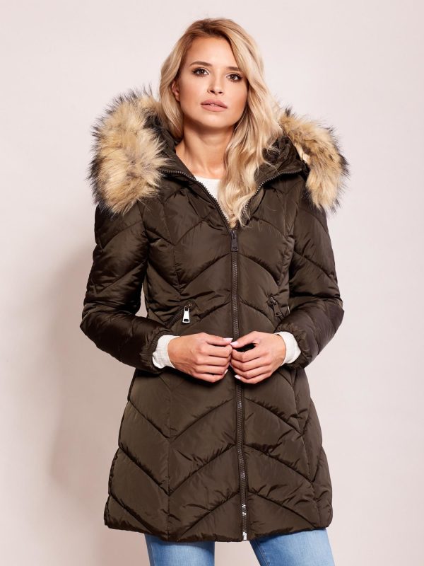 Wholesale Khaki quilted winter jacket with fur