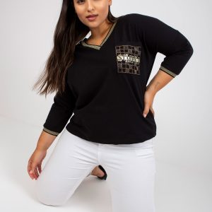 Wholesale Black Casual Plus Size Blouse with Rhinestones Applique