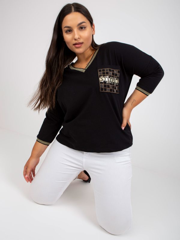 Wholesale Black Casual Plus Size Blouse with Rhinestones Applique