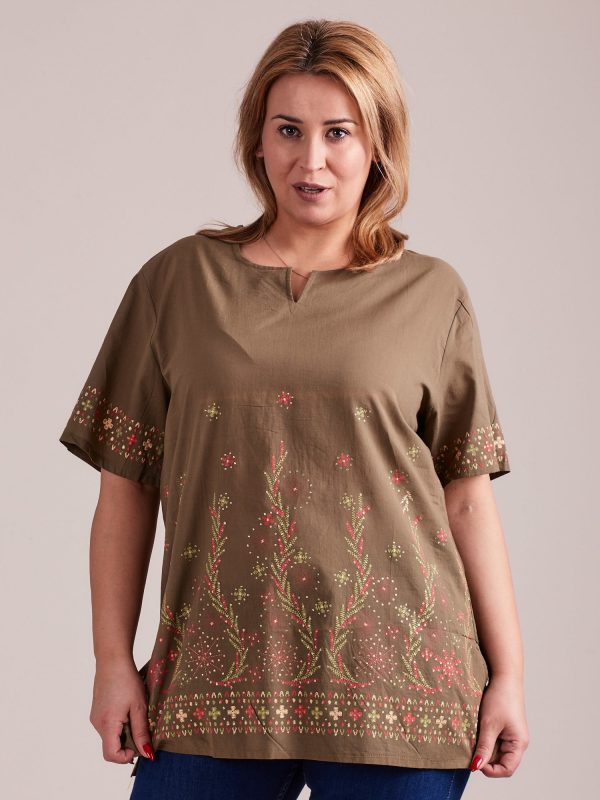 Wholesale Khaki Plus Size Patterned Shirt Blouse