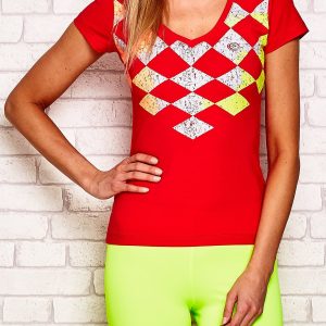 Wholesale Coral t-shirt with colorful rhombus motif