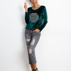 Wholesale Green velvet sweatshirt for women with applique