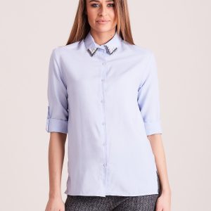 Wholesale Light blue shirt with pearls on the collar