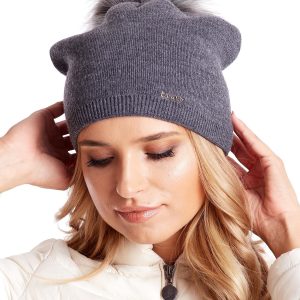 Wholesale Smooth beanie hat with tassel and ribbing dark grey