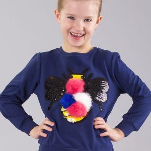 Wholesale Navy blue girl sweatshirt with pompoms and sequins