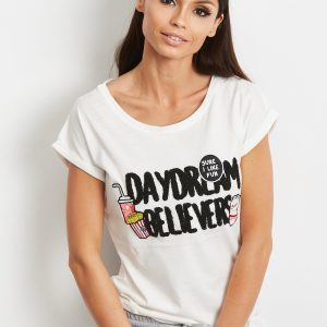 Wholesale T-shirt with stripes and inscription DAYDREAM BELIEVERS ecru