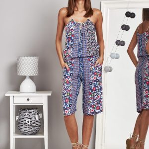 Wholesale Patterned jumpsuit on thin straps blue