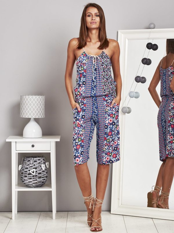 Wholesale Patterned jumpsuit on thin straps blue