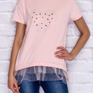 Wholesale Pink t-shirt with glossy applique and tulle insert