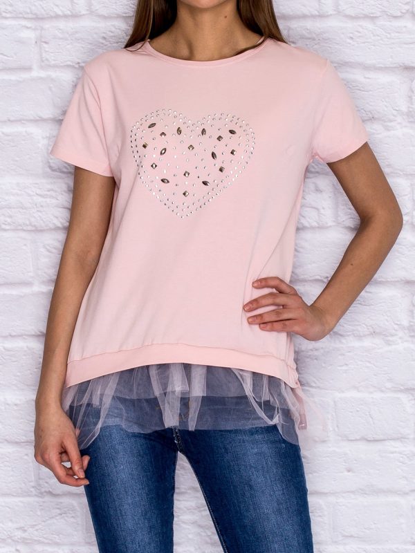 Wholesale Pink t-shirt with glossy applique and tulle insert