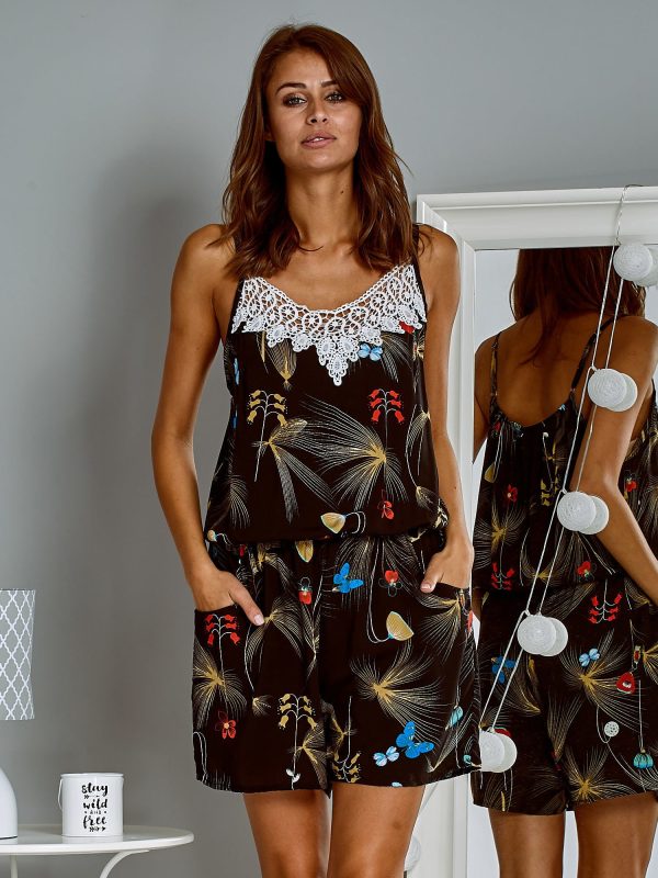 Wholesale Summer airy floral jumpsuit with straps black