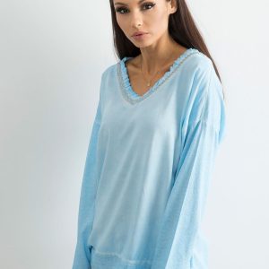 Wholesale Light Blue Loose V-Neck Blouse