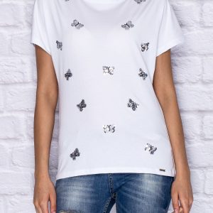 Wholesale T-shirt with sequin butterflies white