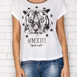 Wholesale White t-shirt with tiger print and zip on the back