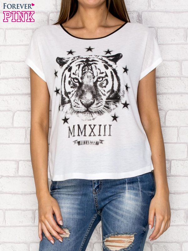 Wholesale White t-shirt with tiger print and zip on the back