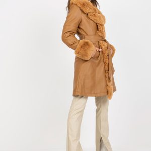 Wholesale Camel eco leather coat with fur and binding