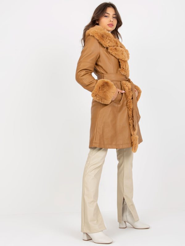 Wholesale Camel eco leather coat with fur and binding