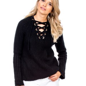 Wholesale Black sweater with lace-up neckline