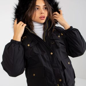 Wholesale Black down winter jacket with fur on the hood