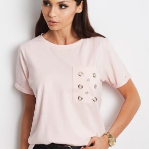 Wholesale Light pink t-shirt with openwork pocket