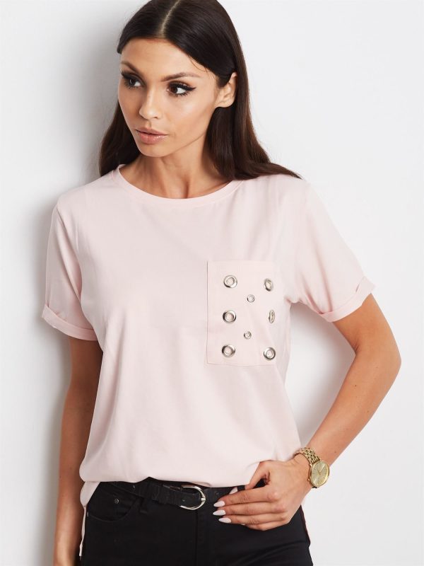 Wholesale Light pink t-shirt with openwork pocket