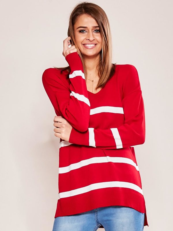 Wholesale Red women's sweater with stripes