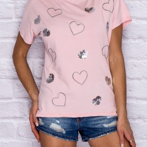 Wholesale Pale pink t-shirt with sequin hearts