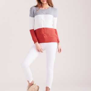 Wholesale Grey-coral sweater with wide stripes