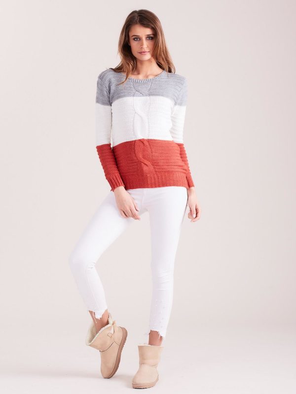 Wholesale Grey-coral sweater with wide stripes