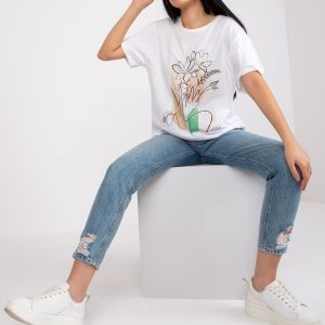 Wholesale White Women's T-Shirt with Applique and Round Neck