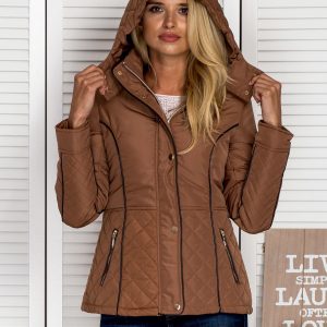 Wholesale Brown jacket with quilted inserts and contrasting hem